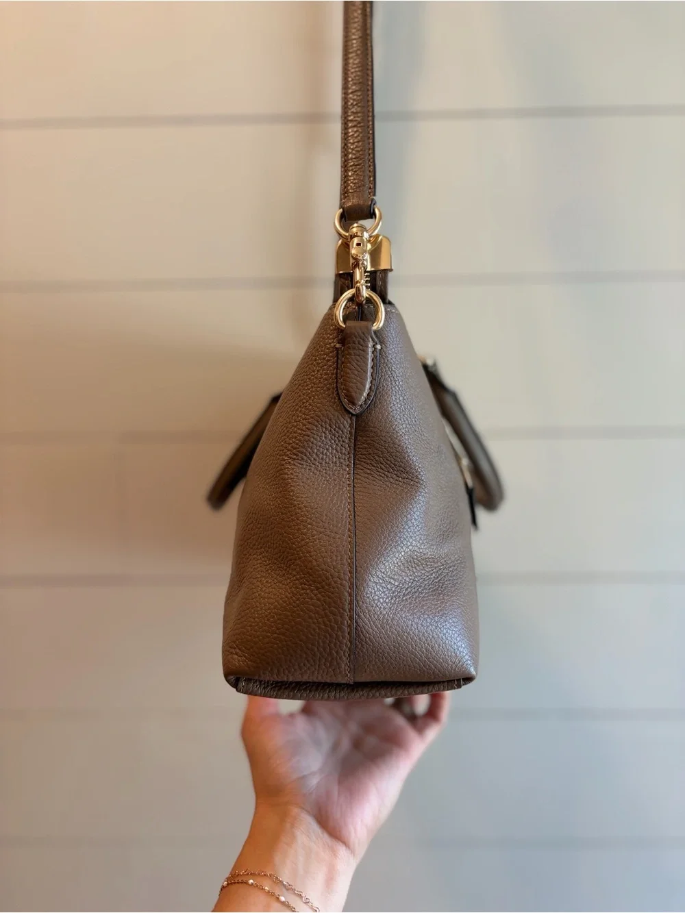 COACH Brown Pebbled Leather Convertible Crossbody Satchel with Gold Hardware